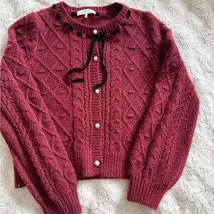 Wayf Wine Cable Knit Cardigan with Pearl Buttons